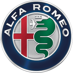 Alfa Romeo logo with a red cross and green serpent on a silver and blue background.