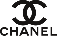 Black Chanel logo with interlocking C's and 'CHANEL' text on a dark green background.