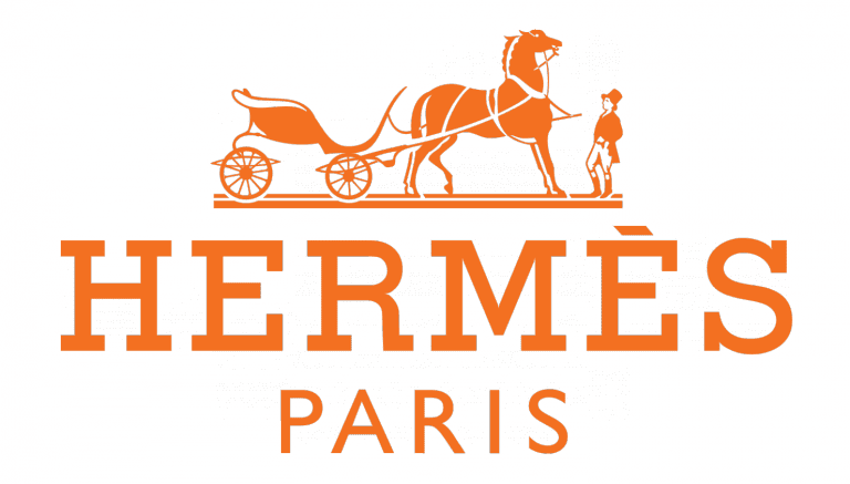 Hermès Paris logo with a horse-drawn carriage in orange on a green background.