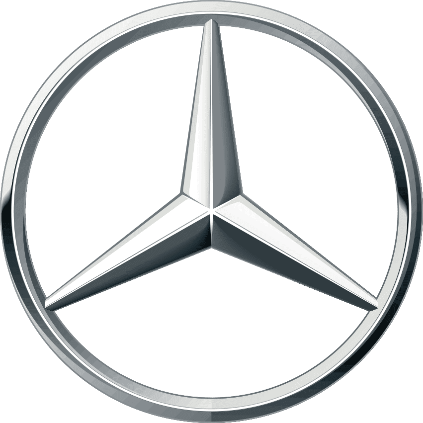 Mercedes-Benz logo, a silver three-pointed star within a circle on a green background.