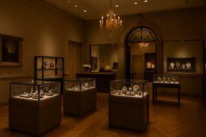 Interior of Christie’s luxury boutique with glass display cases of jewelry and handbags under chandelier lighting