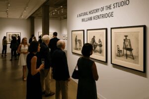 Twilight exterior of Hauser & Wirth gallery in New York with warm lights and visible interior art