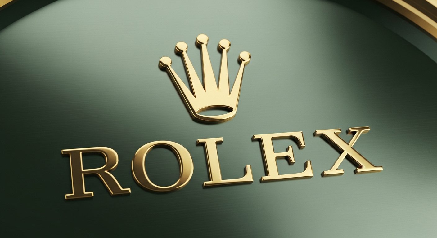 Close-up of the gold Rolex crown logo and text on a dark green background.