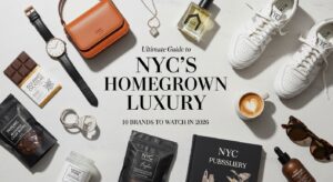 Flat-lay of NYC luxury items including white sneakers, a brown handbag, a watch, and coffee on a white background.