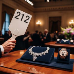 Luxury Jewelry Auction with Bidding Paddle Number 212 - New York Loan - New York Loan Hand holds white auction paddle 212 over a display of a diamond necklace and gold watch at a luxury auction house.