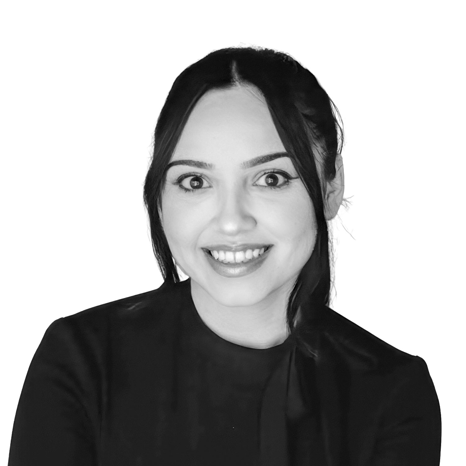 Black and white professional headshot of a smiling woman with dark hair against a white background.