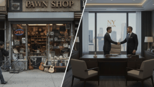 Comparison of a busy storefront pawn shop versus a private luxury lending office in Manhattan.