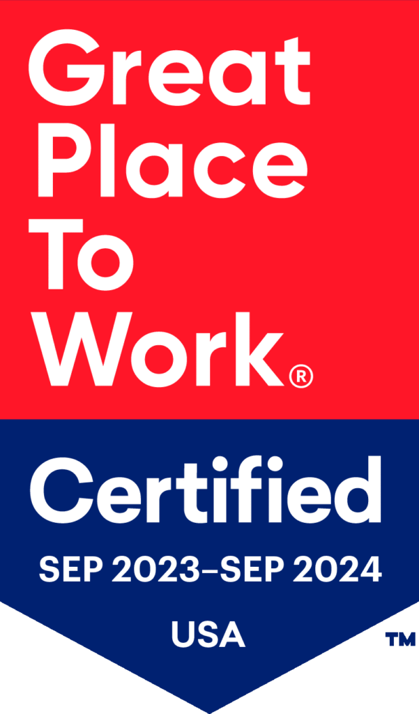 Great Place To Work Certified badge with red top and blue bottom, showing USA and dates Sep 2023–Sep 2024