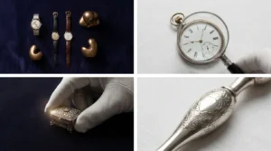 Luxury auction preview editorial — fine objects on velvet under gallery lighting