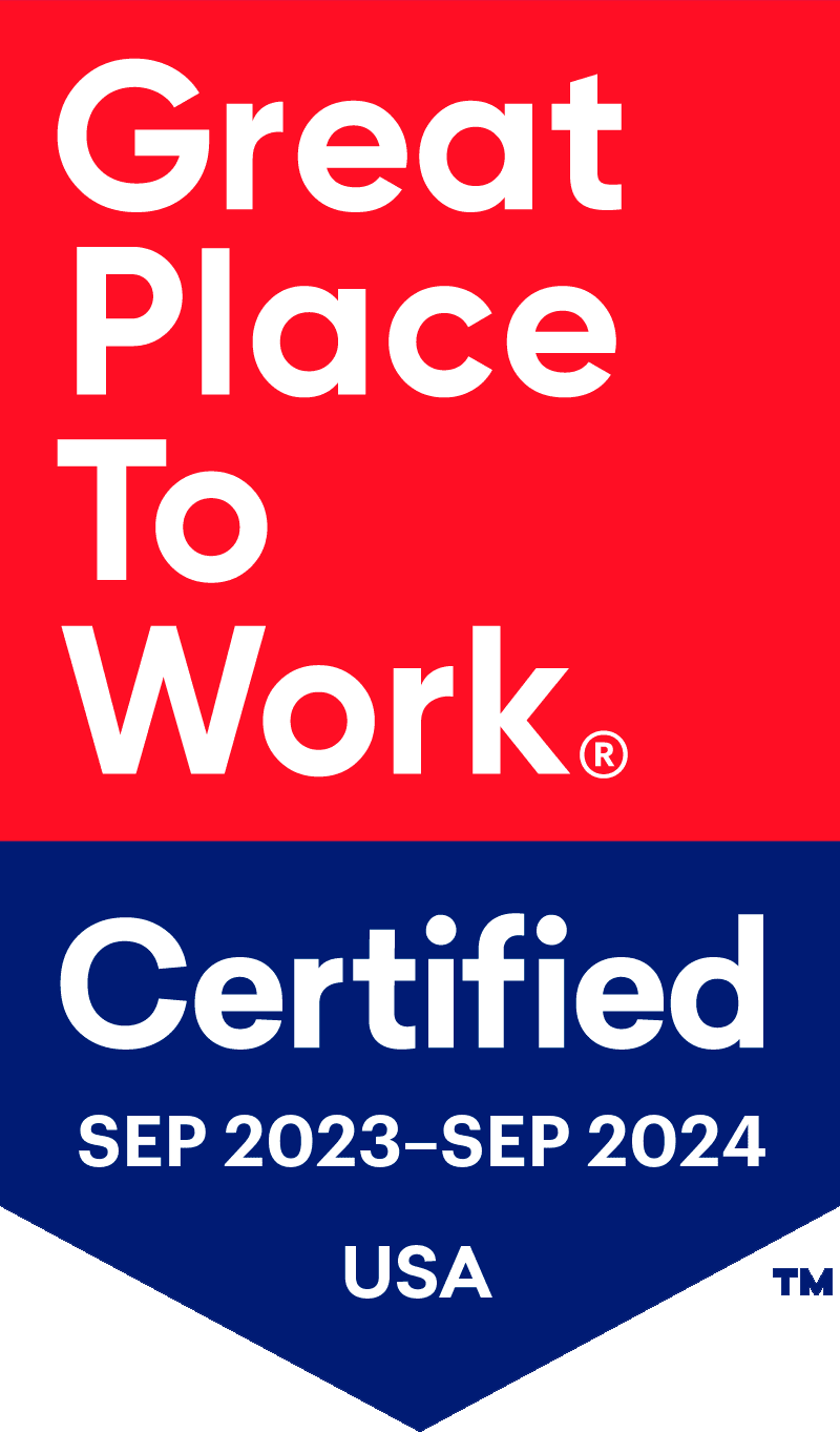 Great place to work certified badge: red top with 'great place to work', blue bottom with 'certified' and dates sep 2023–sep 2024, usa.