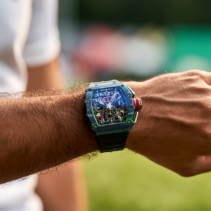 Close-up of a forearm wearing a large blue skeleton watch with a black strap, outdoors. The watch face shows exposed gears and chronograph features, with a red crown on the side.